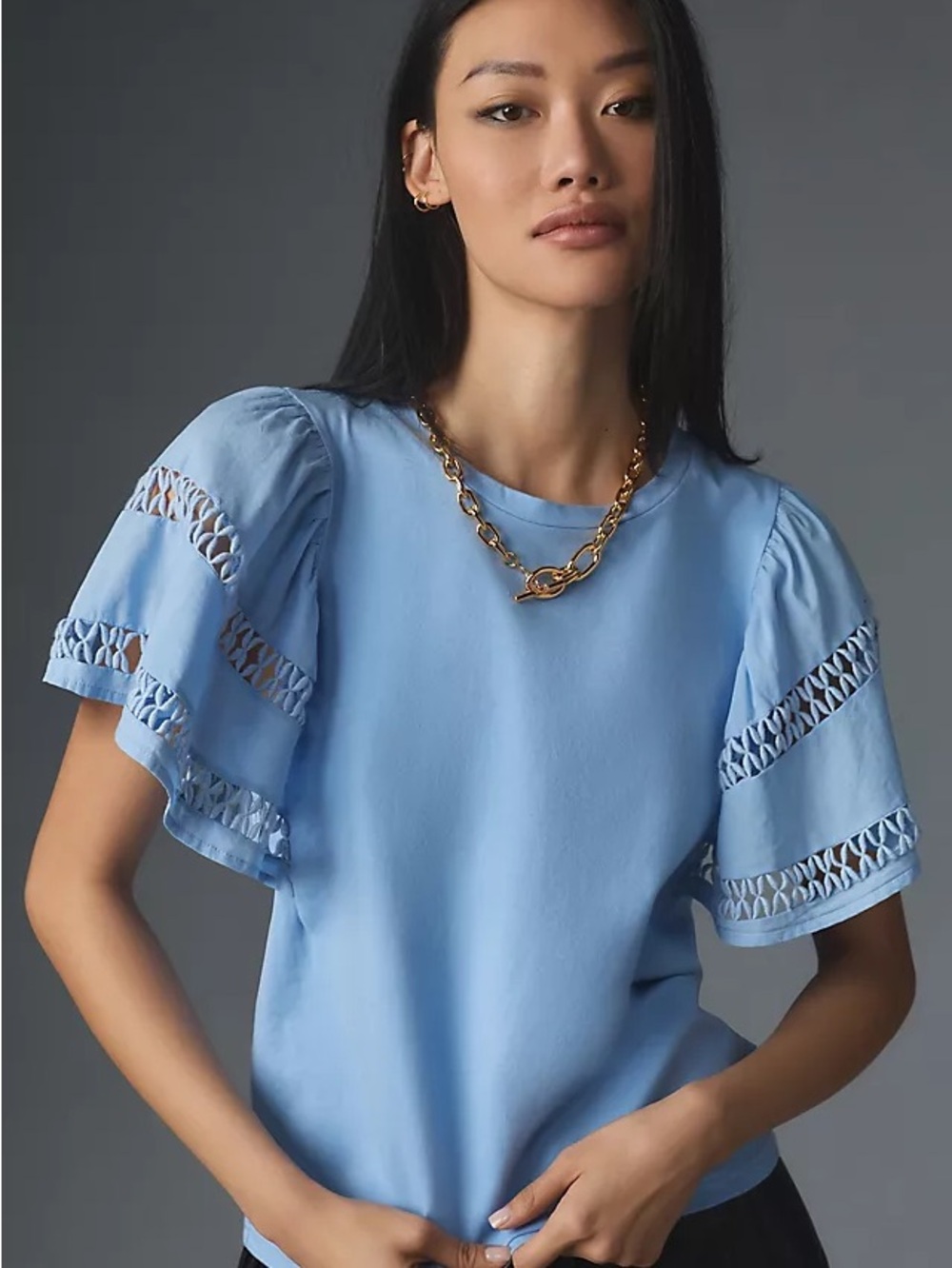 Anthro - Light Blue Eyelet Flutter Sleeve Top